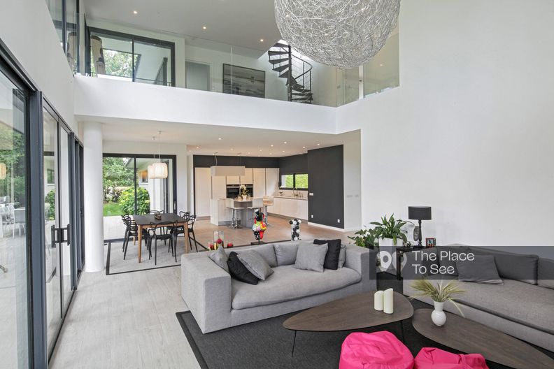 Designer house living room with a cathedral ceiling