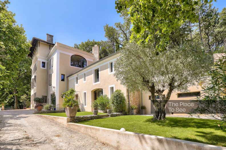 Mansion with swimming pool and wooded park