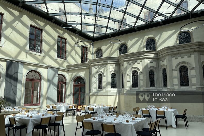 Event venue under glass roof with view over Lyon